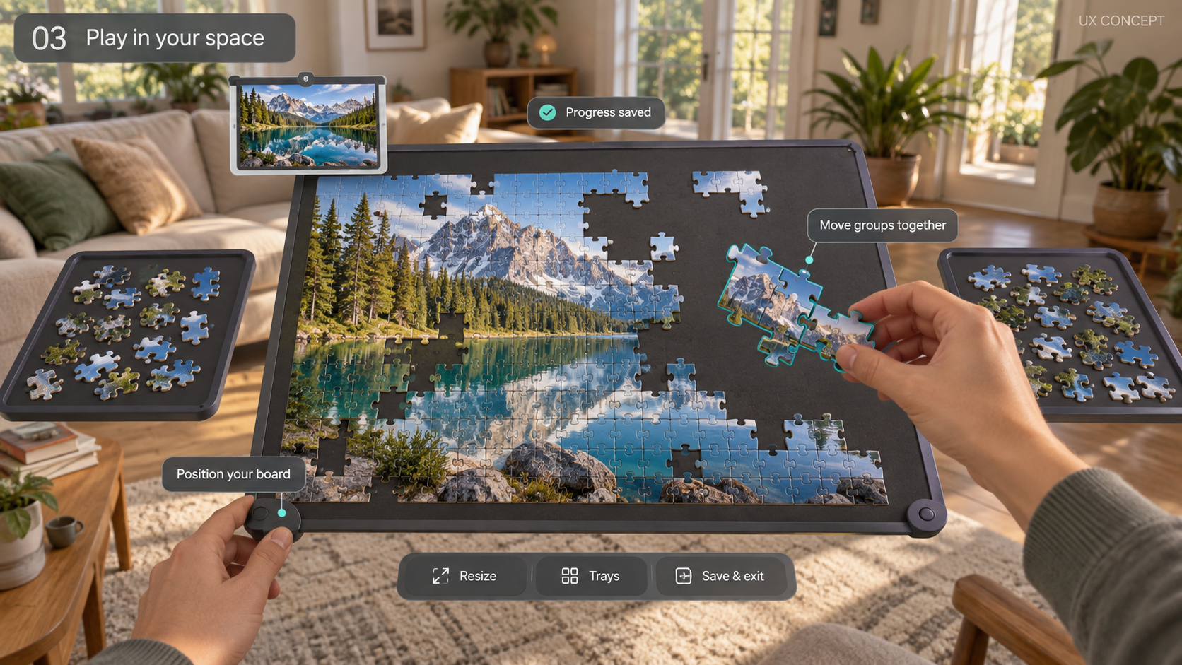 Concept of a floating alpine lake jigsaw in a sunlit living room